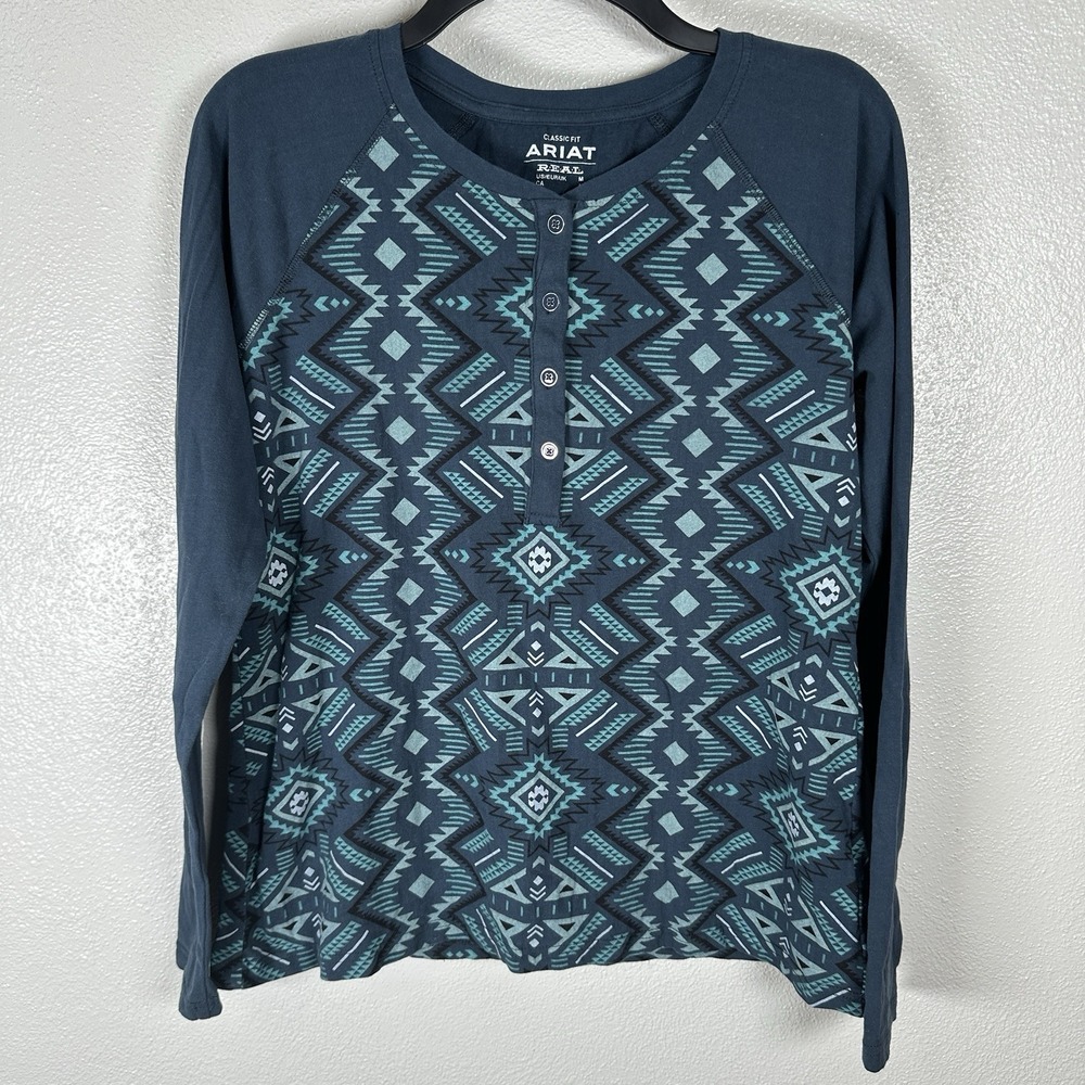 Ariat REAL Western Cowgirl Henley Top Womens Medium Blue Aztec Boho Long Sleeve